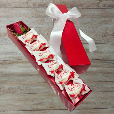 Mimo na Caixa "Vermelha" com 1 Rosa + Chocolate Raffaello